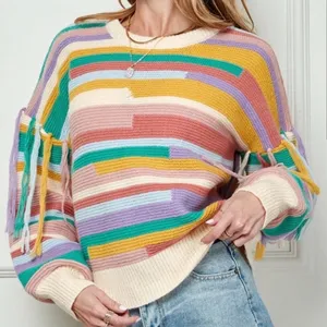 Multicolor Striped Fringe Crewneck Sweater - Women thumbnail 1
