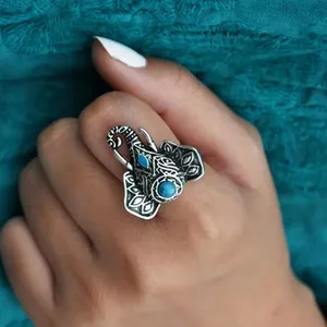 Bohemian Elephant Ring with Turquoise Accent Silver Plated‎ Adjustable Open Band thumbnail 1