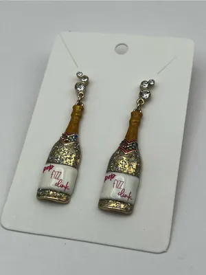Champagne Bottle Dangle Earrings Glitter Pop Fizz Clink thumbnail 1