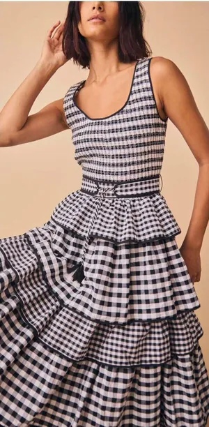 Hunter Bell Andrea Black White Gingham Smocked Tiered Midi Dress Anthropologie 6 thumbnail 1