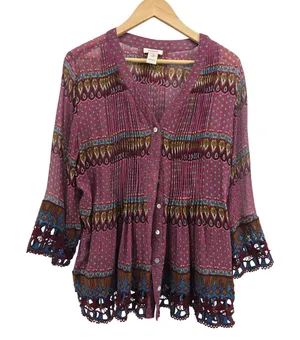 Sundance Silk Blouse Womens XL Boho Pintuck Crochet Lace Pink Paisley V-Neck * thumbnail 1