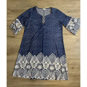 Chelsea Taylor 2X Blue Faux Denim Dress Lace Trim Ring Neck Stretch Midi Plus thumbnail 10