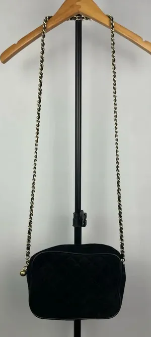 Black Quilted Faux Leather Camera Bag with Golden Chain and‎ Faux Leather Strap thumbnail 1