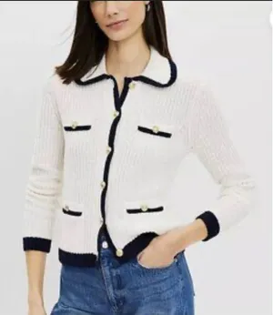 Loft tipped ribbed sweater‎ jacket cream navy blue trim xxs thumbnail 1