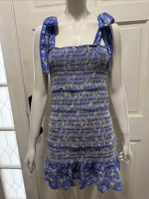 LoveShackFancy Belle Smocked Tie Straps Cotton Mini Dress Blue Jay Floral Print thumbnail 2
