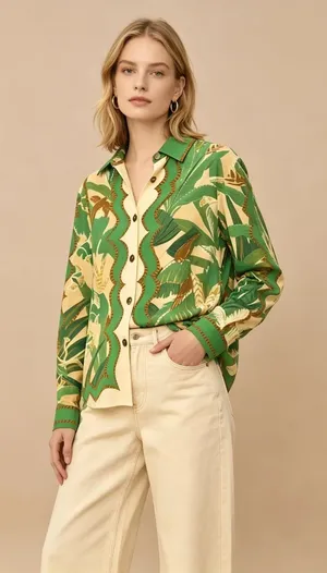 NWOT Farm Rio Linen-Blend Long Sleeve Button-Down Shirt Blouse Size S thumbnail 1