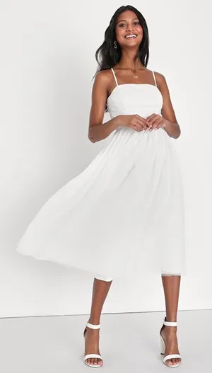 NWOT Lulus Darling Sweetheart White Swiss Dot Ruched Midi Dress Bridal Classy S thumbnail 1