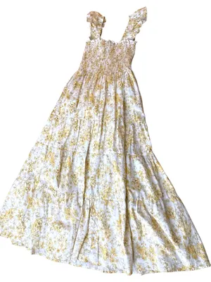 Aqua Yellow Smocked Floral Sundress Cottagecore Maxi Lined w Pockets thumbnail 10