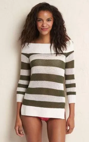 Aerie Green & White Striped Off Shoulder Knit Sweater Medium Cozy Boho Coastal thumbnail 1
