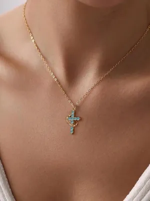 Gold-Tone Cross Pendant Necklace with Blue Crystal Accents thumbnail 2