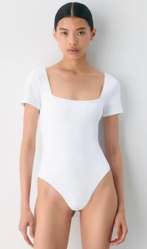 Babaton Square Neck Bodysuit White Stretch Minimalist Size Small thumbnail 1