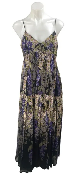 Anthropologie Floreat Black Floral Sleeveless V Neck Pleated Cami Maxi Dress 2 thumbnail 1