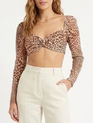 Naked Wardrobe The Statement Leopard Print Crop Top Long Sleeve Small thumbnail 1