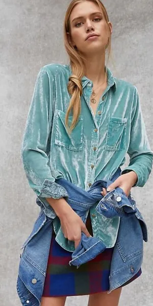 Anthropologie Pilcro Mara Relaxed‎ Velvet Buttondown Top Teal Blue Size US 2 thumbnail 1