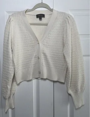 Truth by Republic Puff Sleeve Cardigan Womens‎ Size M Cream Knit Sweater Classic thumbnail 1