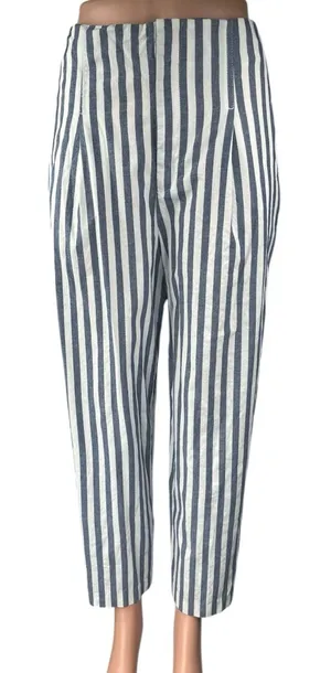 Zara Blue Striped High Waisted Pleated Straight Tapered Ankle Trousers Pants M thumbnail 1