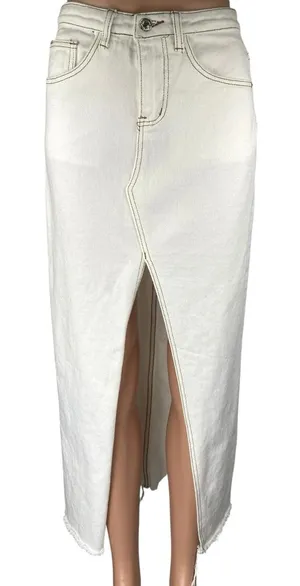 White Fox Women's White High Waisted Split Front Midi Denim Jean Skirt Size XS thumbnail 1
