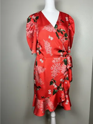 KeepSake Red Floral Wrap Dress with Puff Sleeves Size Large thumbnail 2