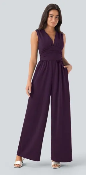 HALARA Sleeveless V-Neck Wide-Leg Jumpsuit in Plum NWT thumbnail 1