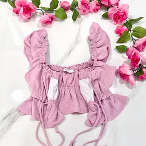 Y2K Lavender Bow Tie-Front Sz Small Feminine Ruffled Coquette Babydoll Crop Top thumbnail 5