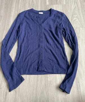 aerie Navy Ribbed Button-Up Cardigan thumbnail 1
