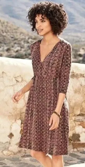 Peruvian Connection Dress Medium Brown Geometric Print Faux Wrap Pima‎ cotton thumbnail 1
