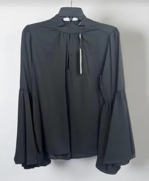 T Tahari Blouse Womens Size S Black Mock Neck Keyhole Large Bell Sleeve Chic thumbnail 1