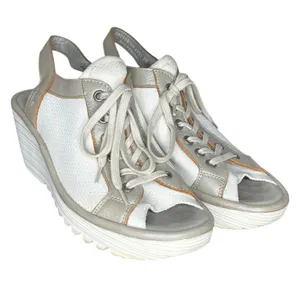 Fly London White & Solver Yedu Lace Up Peep Toe Wedge Sandals Size EU 39 thumbnail 1