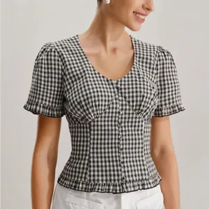 Rihoas Black Plaid V Neck Ruffle Blouse Size XS thumbnail 1