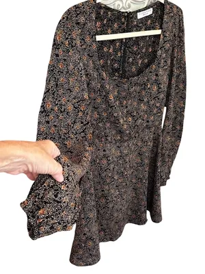 Flynn Skye Brown Floral Mini Dress Square Neck Long Sleeve Boho Whimsigoth NWT S thumbnail 10