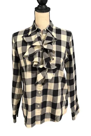 Lauren Ralph Lauren Womens Black Cream Buffalo Plaid Ruffle Button Down Top Sz M thumbnail 1
