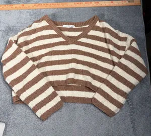 Altar'd State Cozy Striped V-Neck Cropped Sweater - Cream & Brown medium thumbnail 1