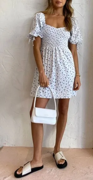 Faithfull The Brand Wendy Smocked Mini Puff Sleeve Floral Dress White Blue XS thumbnail 1