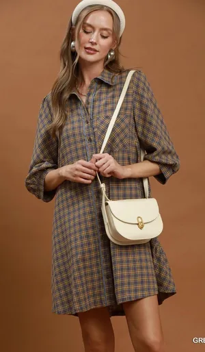 Umgee Plaid‎ Button Down Oversized Shirt Dress - Grey - Medium thumbnail 1