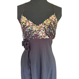 Miss Salma Sheer Black Floral Embroidered Nightgown Slip Dress Medium thumbnail 3
