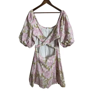 Amalie the Label Linen Blend Floral Puff Sleeve Crossover Cutout Mini Dress 16 thumbnail 3