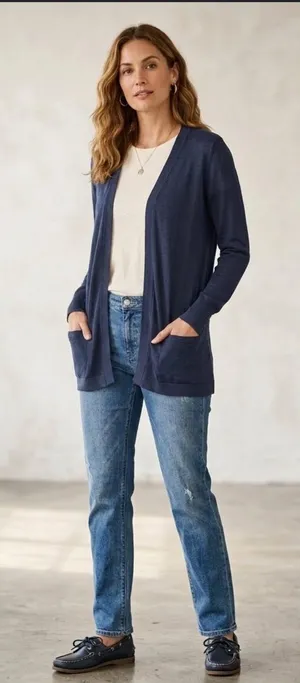 Atmosphere lightweight nautical style navy blue open-front cardigan thumbnail 1
