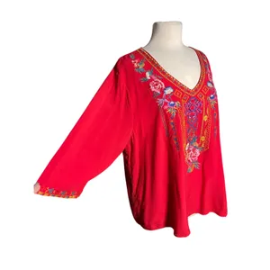 Women’s Boho Floral Embroidered 3/4 Sleeve Red Popover Vneck Top XXL thumbnail 3
