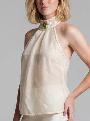 vintage Y2k Max Studio halter mock neck top cream sheer overlay Linen Resortwear thumbnail 4