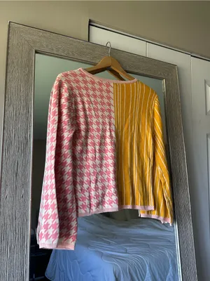 Dolan Anthropologie Flare Sleeve Sweater Pink Houndstooth Yellow Stripe Size XS thumbnail 2