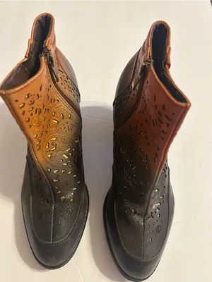 Perforated Two-Tone Leather Ankle Booties - Brown/Amber thumbnail 2