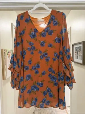 Altar'd State Rust Orange Long-Sleeve Floral V-Neck Dress with Blue Flowers thumbnail 1