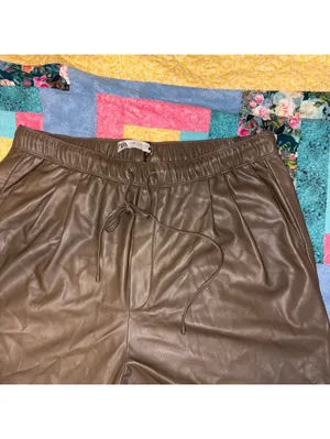 Zara NEW Woman’s XL Faux Leather Drawstring Pants in Brown, Size XL Elastic thumbnail 2