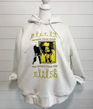 Billie Eilish Happier Than Ever World Tour 2022 Hoodie White Yellow Graphic XL thumbnail 1