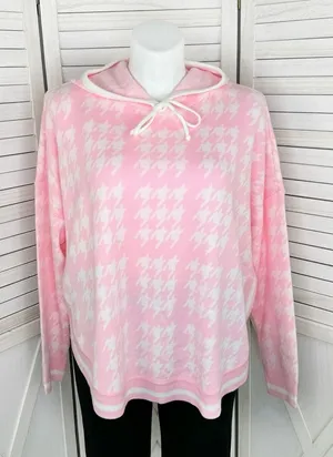 Crown & Ivy Houndstooth‎ Hooded Long Sleeve Poncho Sweater Pink White Large thumbnail 1