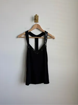 Vintage Nadine Black Sequin V Neck Sleeveless Blouse Top Y2K Size 2 thumbnail 5