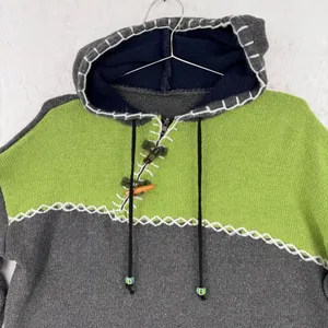 Hooded Sweater Gray Green Color Block Pocket Beads Toggle Button Boho Asymmetric thumbnail 5