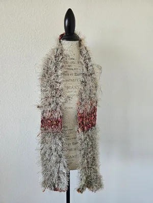 Vintage Y2K Hand Knitted Earthy Fuzzy Eyelash Yarn Scarf – Beige, Rust & Bronze thumbnail 2