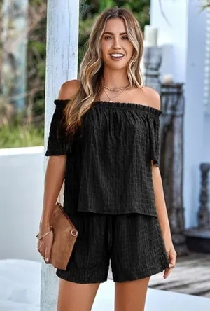 Boutique Textured Off Shoulder Top with Shorts Elodie Set thumbnail 1