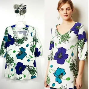 Anthropologie Deletta Haru Size Medium Floral Tunic Top Blue Green Puff Sleeve thumbnail 2